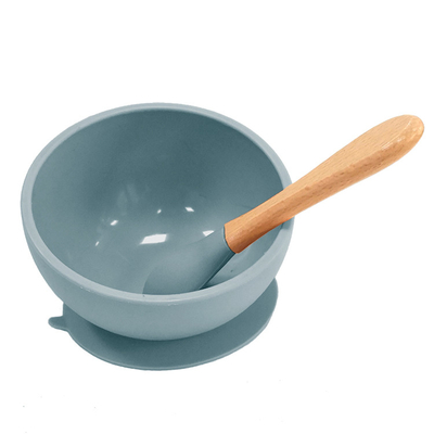 کاسه مکش بدون BPA سیلیکونی تغذیه کودکان غیر سمی با قاشق دسته چوبی