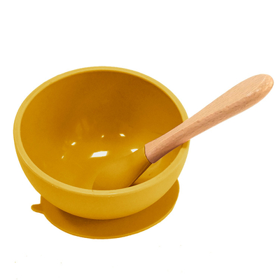 کاسه مکش بدون BPA سیلیکونی تغذیه کودکان غیر سمی با قاشق دسته چوبی