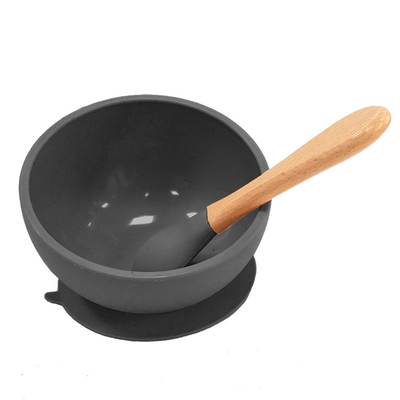 کاسه مکش بدون BPA سیلیکونی تغذیه کودکان غیر سمی با قاشق دسته چوبی